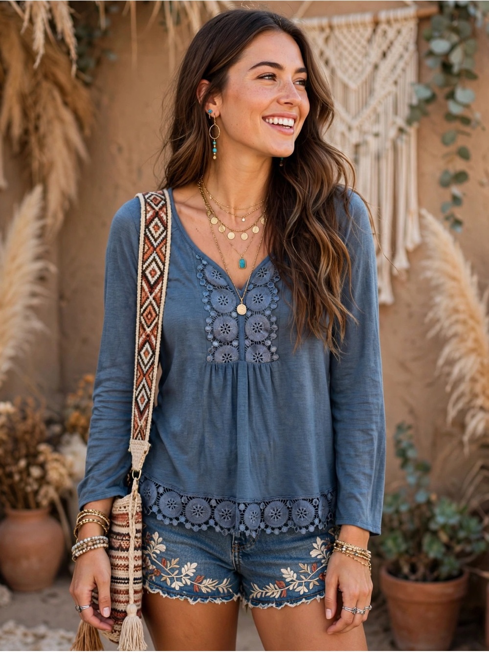 UNITY WORLD WEAR Dusty Blue Crochet Lace Boho Peasant Top Long Sleeve Babydoll M
